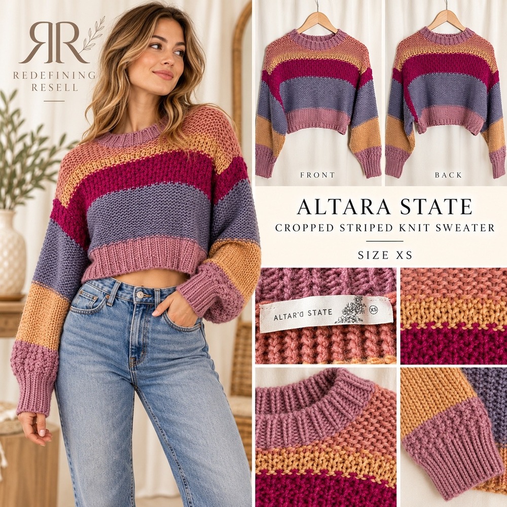 Altar'd State Cropped Striped Chunky Knit Sweater XS Purple Pink SWT0844